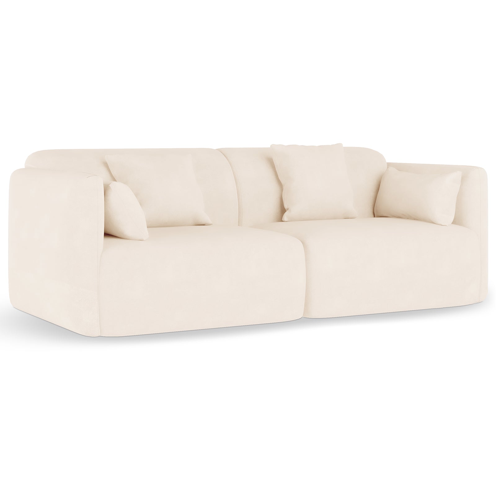 Vestalia 3 Seater Velvet Sofa in Cream White features a modern, low-profile design with two rounded-corner modules, deep seats, plush back cushions, and four matching throw pillows, exuding a sleek, contemporary look.
