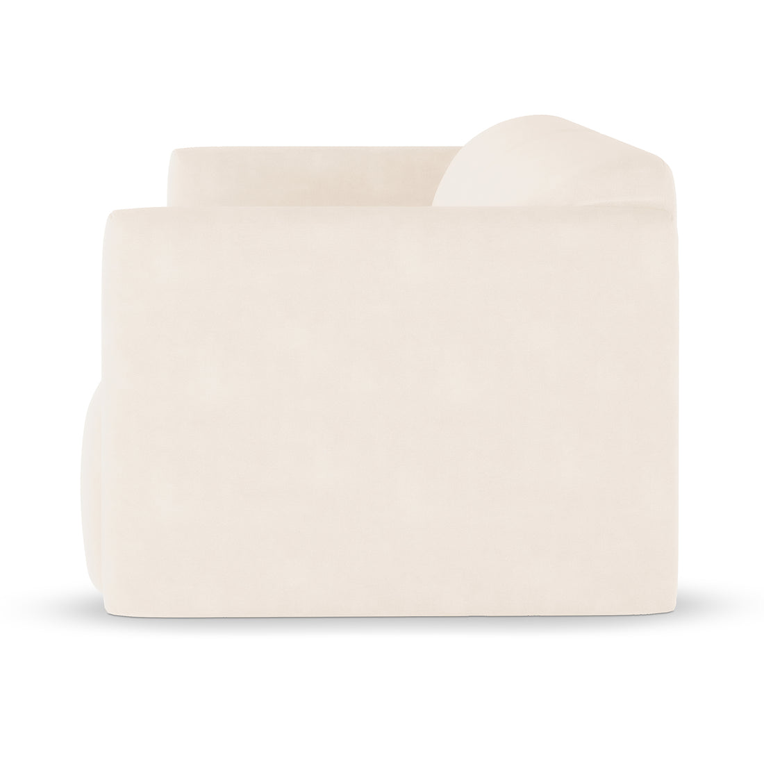 Vestalia 3 Seater Velvet Sofa in Cream White, featuring a blocky, low-slung design with thick seat and raised back cushions, upholstered in smooth fabric, shown in profile against a white background.