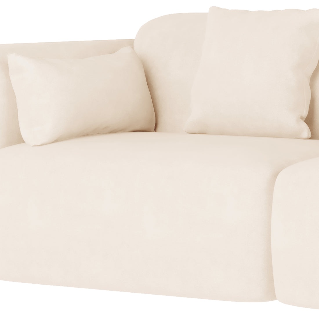 Vestalia 3 Seater Velvet Sofa in Cream White, featuring plush cream upholstery, curved design, and two matching throw cushions, isolated against a white background for a sleek and elegant look.
