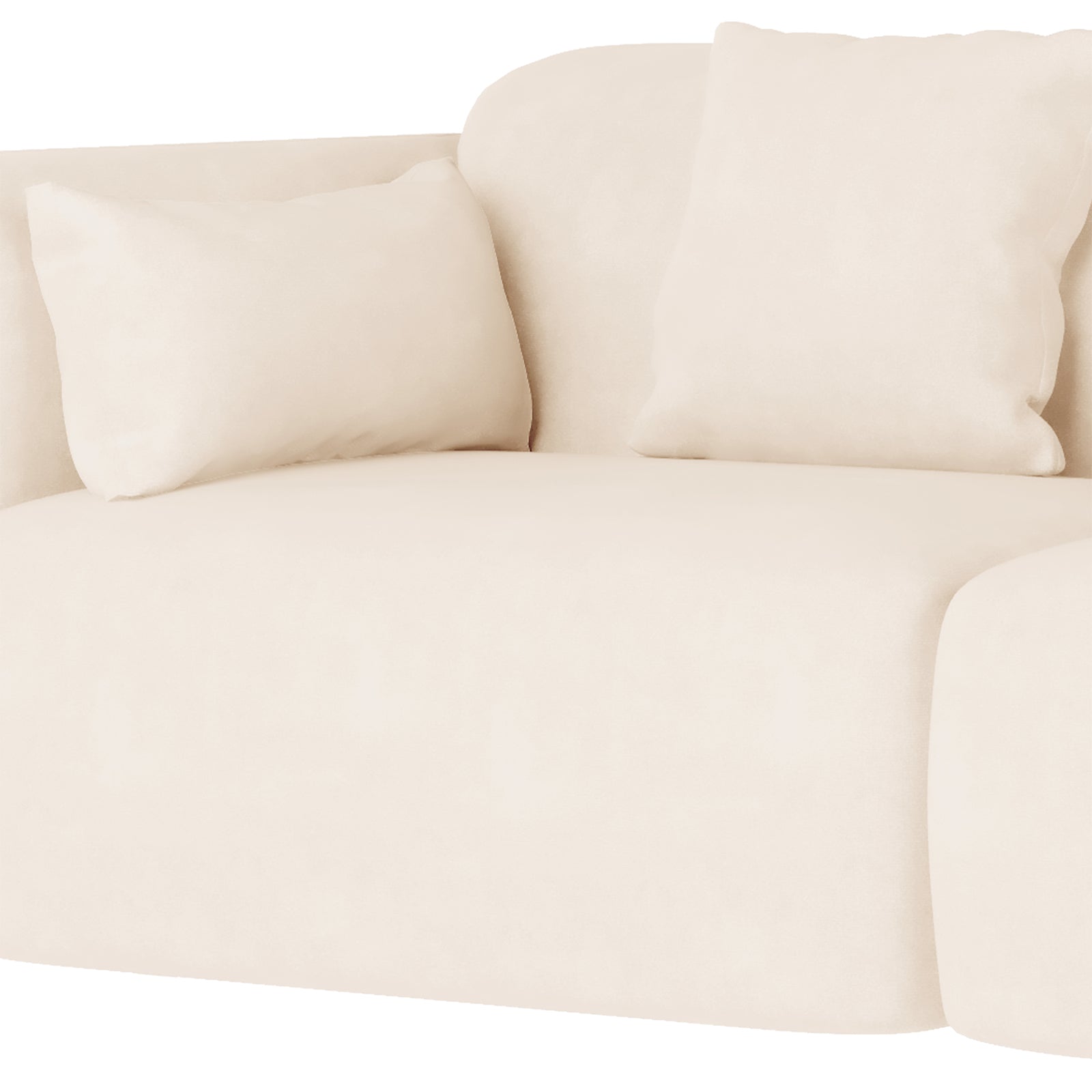 Vestalia 3 Seater Velvet Sofa in Cream White, featuring plush cream upholstery, curved design, and two matching throw cushions, isolated against a white background for a sleek and elegant look.