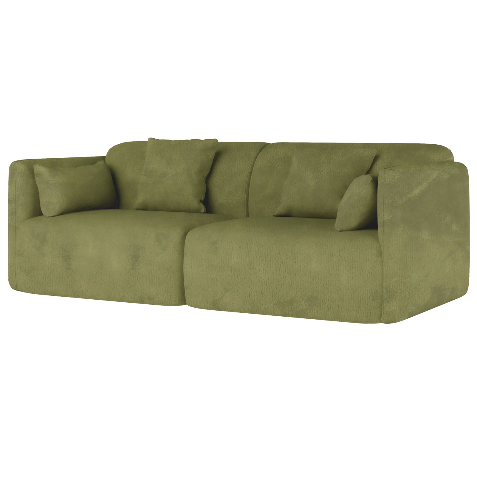 Vestalia 3 Seater Velvet Sofa in Olive Green, showcasing a low-profile, modular design with rounded edges, upholstered in luxurious velvet, includes four matching cushions for added comfort and elegance.
