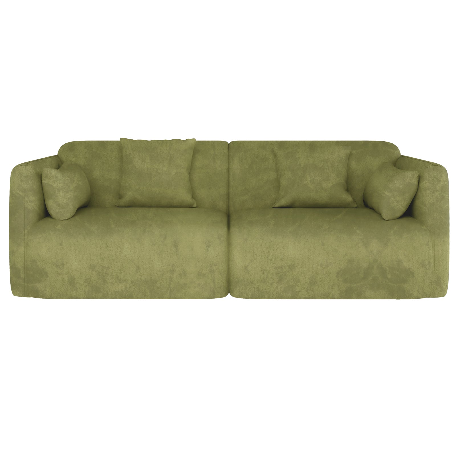 Vestalia 3 Seater Velvet Sofa in Olive Green, featuring a low-profile, modular design with two armless sections, deep seats, loose back cushions, and accent pillows, exuding modern, minimalist elegance.
