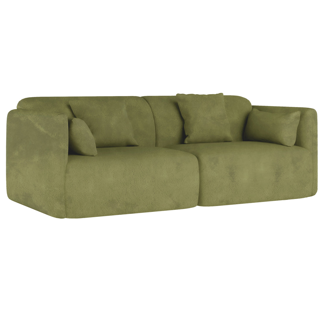 Vestalia 3 Seater Velvet Sofa in Olive Green, featuring a modern, curved silhouette with two rounded-corner units, velvet upholstery, backrest cushions, and matching throw pillows, set against a plain background.