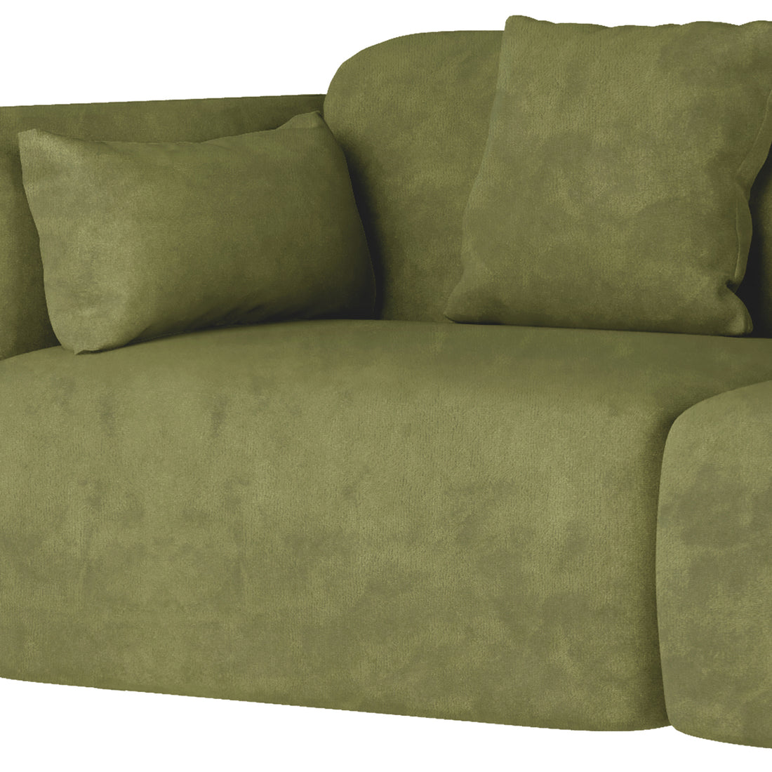 Close-up of the Vestalia 3 Seater Velvet Sofa in Olive Green, featuring plush, suede-like upholstery with two matching rectangular back cushions, showcasing its luxurious and sophisticated design.
