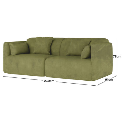 Vestalia 3 Seater Velvet Sofa in Olive Green, featuring a low-profile design with two back cushions and smaller side pillows, measuring 230 cm wide, 91 cm deep, and 75 cm tall.
