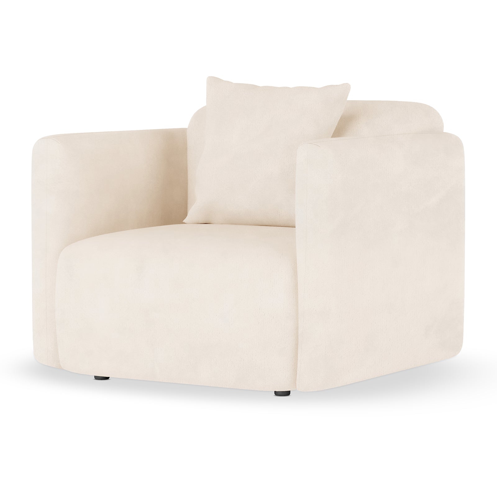 Vestalia Single Seater Velvet Sofa in Cream White, featuring plush velvet upholstery, a matching throw pillow, and a curved, contemporary design ideal for modern and minimalist interiors.