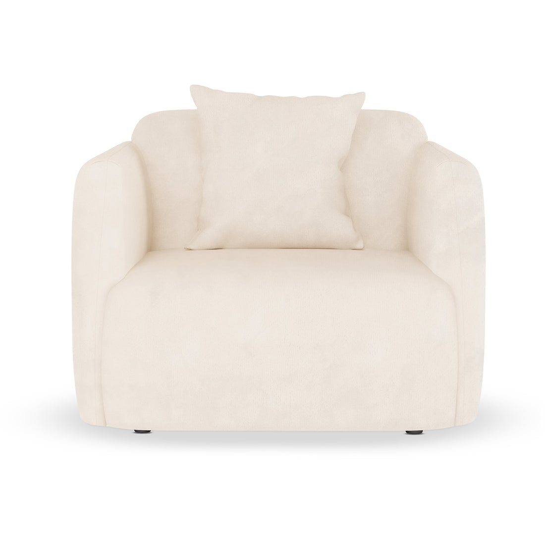 Vestalia Single Seater Velvet Sofa in Cream White features a modern design with curved padded arms, plush velvet upholstery, and a matching back pillow, perfect for contemporary and minimalist interiors.