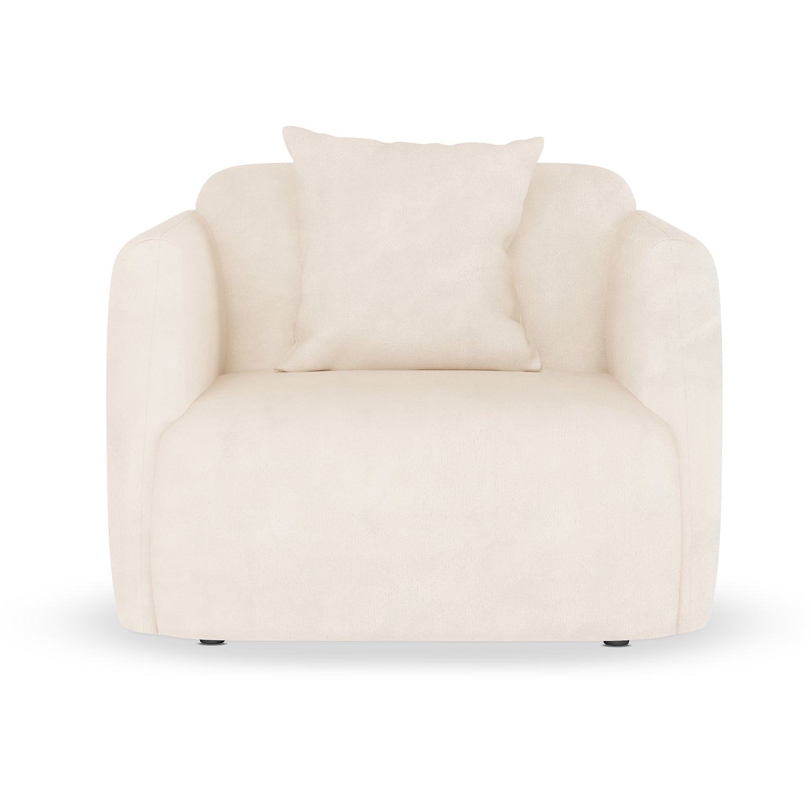 Vestalia Single Seater Velvet Sofa in Cream White features a modern design with curved padded arms, plush velvet upholstery, and a matching back pillow, perfect for contemporary and minimalist interiors.