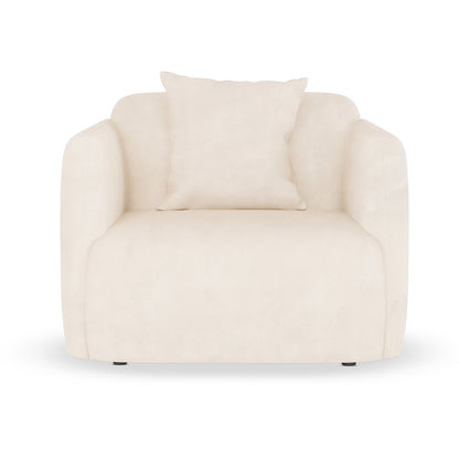 Vestalia Single Seater Velvet Sofa in Cream White features a modern design with curved padded arms, plush velvet upholstery, and a matching back pillow, perfect for contemporary and minimalist interiors.