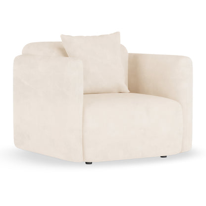 Vestalia Single Seater Velvet Sofa in Cream White, featuring a modern design with broad armrests, thick cushioned seat, and loose back cushion, perfect for contemporary minimalist interiors.