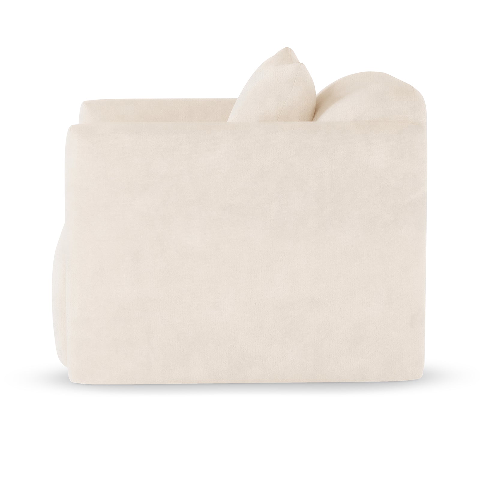 Vestalia Single Seater Velvet Sofa in Cream White, showcasing its side view with plush velvet upholstery and a matching back cushion, highlighting its curved, minimalist design ideal for modern interiors.