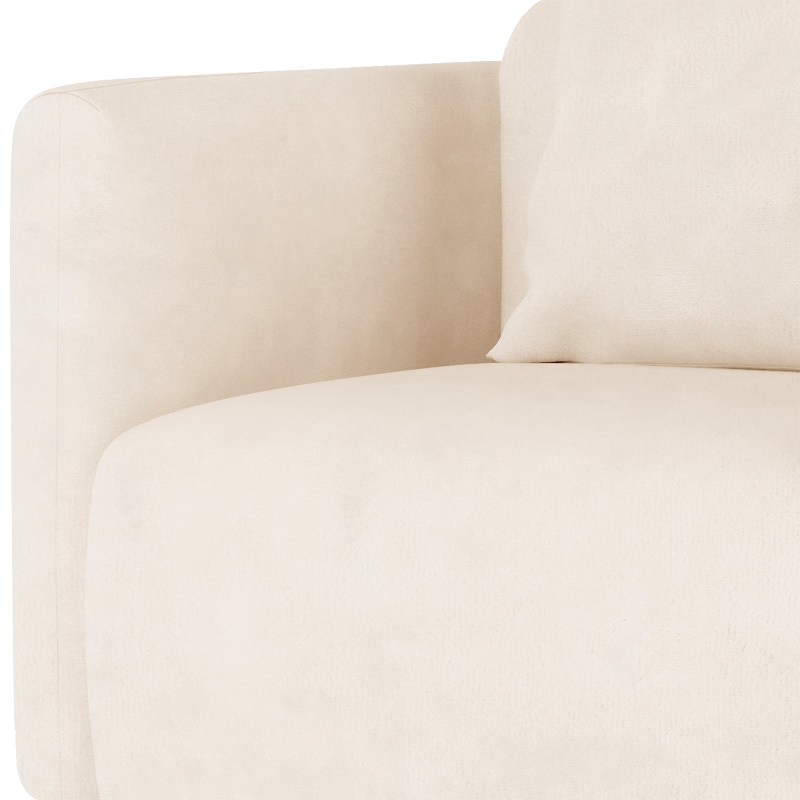 Close-up of the Vestalia Single Seater Velvet Sofa in Cream White, highlighting the plush padded armrest, soft seat cushion, and matching back cushion in luxurious velvet upholstery.