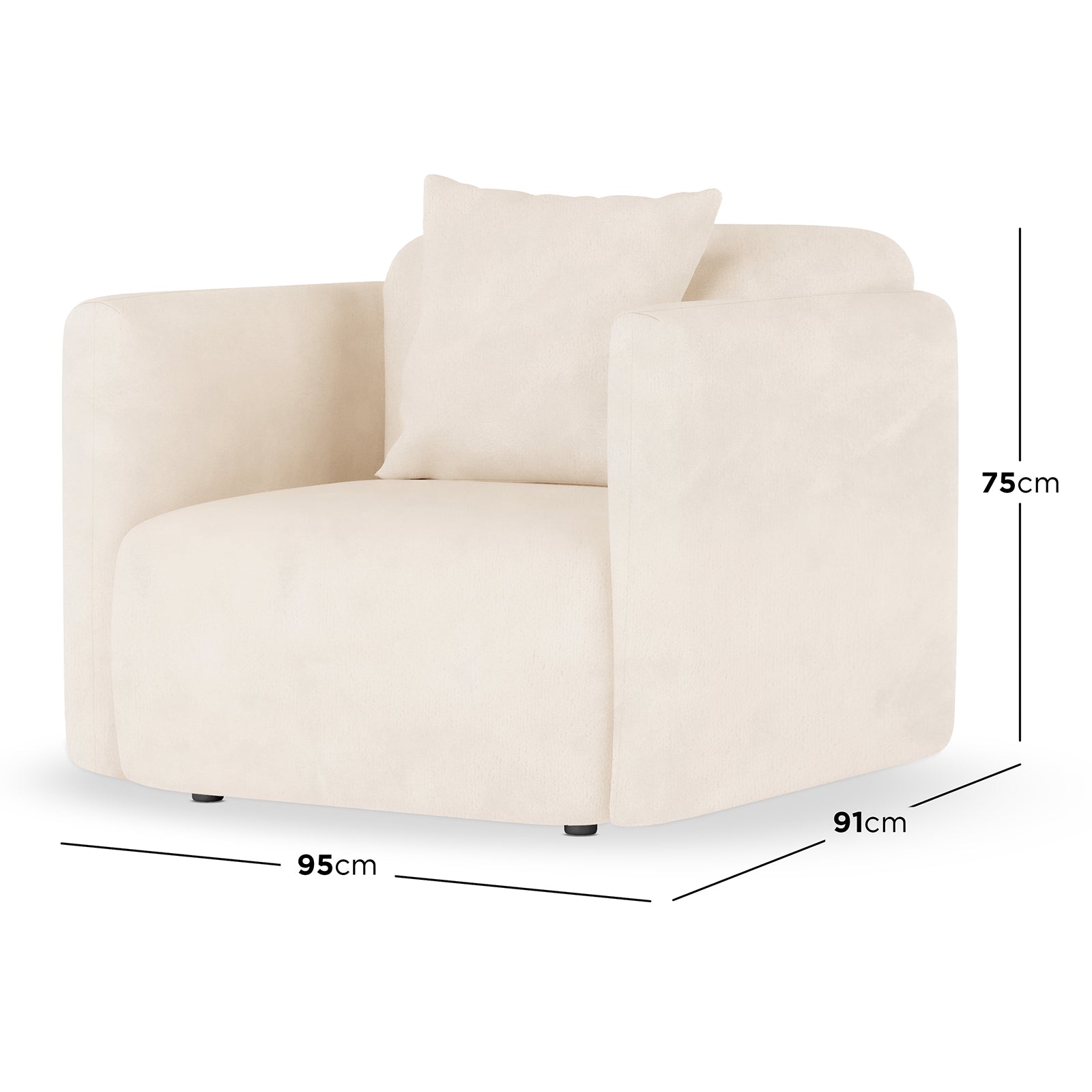 Vestalia Single Seater Velvet Sofa in Cream White, featuring a modern, curved design with plush upholstery. Shown with dimension lines: 95 cm wide, 91 cm deep, 75 cm tall on a white background.