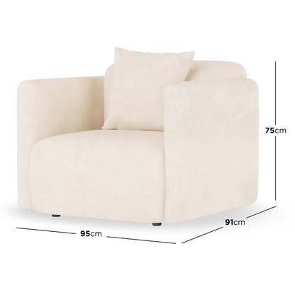 Vestalia Single Seater Velvet Sofa in Cream White, featuring a modern, curved design with plush upholstery. Shown with dimension lines: 95 cm wide, 91 cm deep, 75 cm tall on a white background.