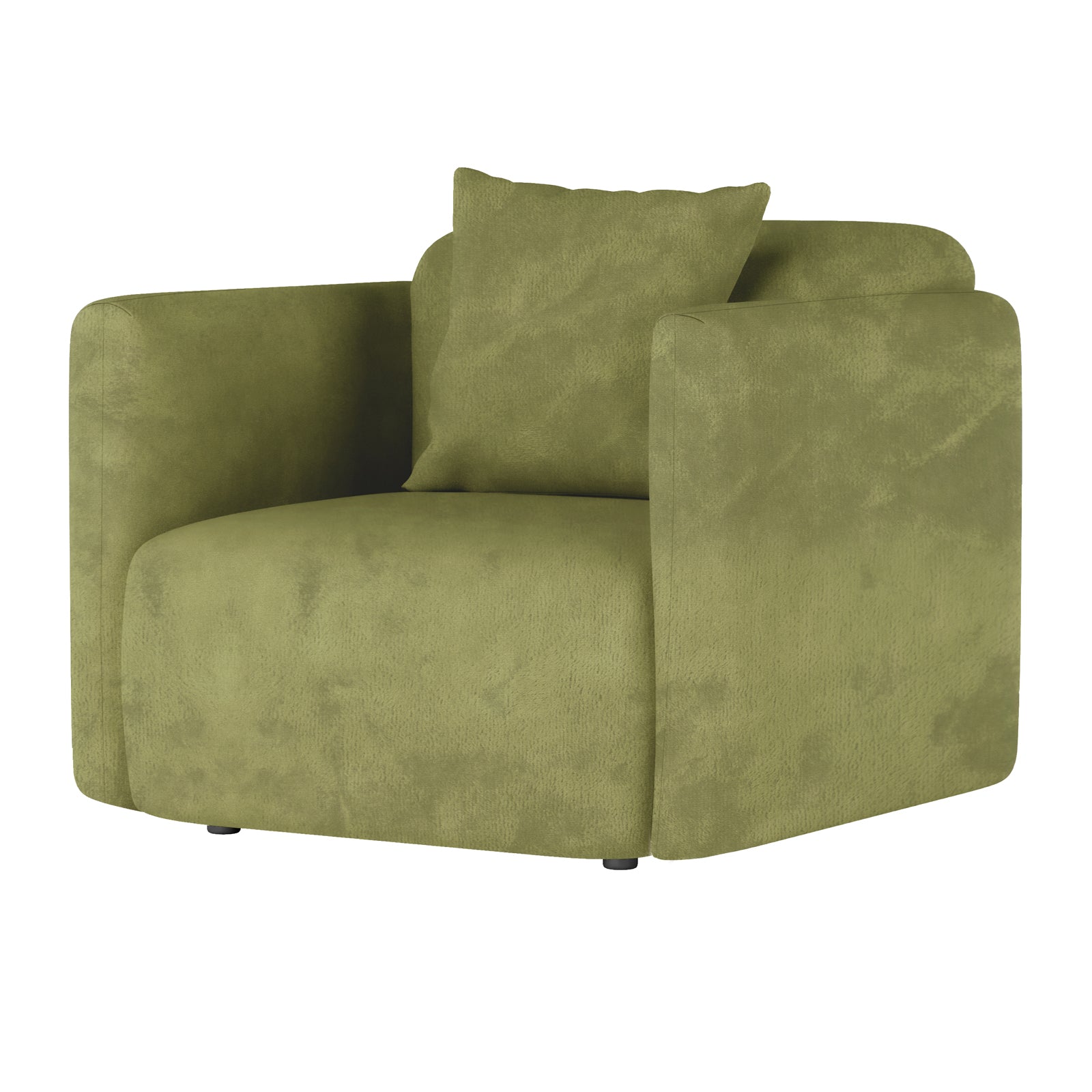 Vestalia Single Seater Velvet Sofa in Olive Green, featuring broad square arms, a rounded seat base, and a matching cushion on a low swiveling platform, embodying a minimal-contemporary style.