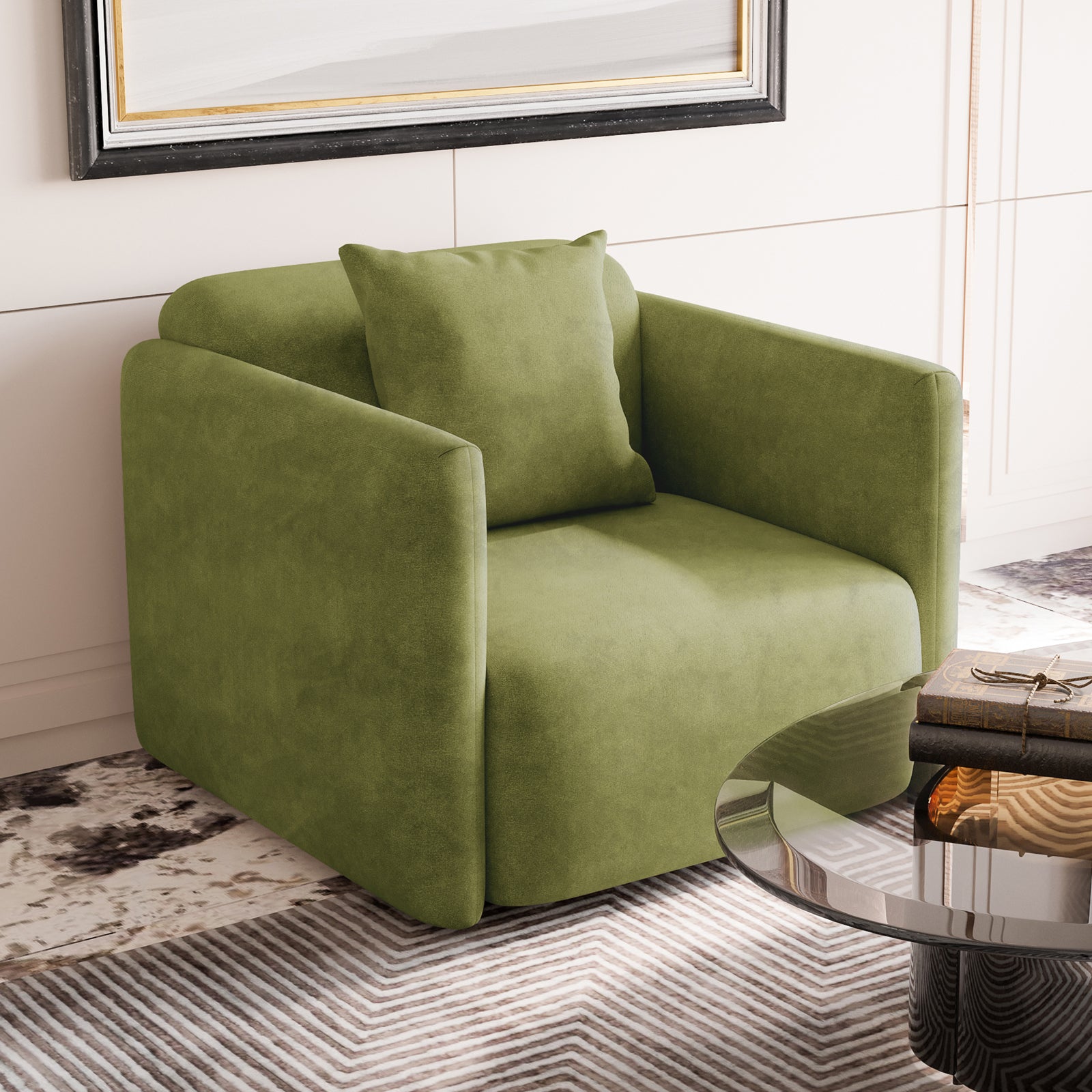 Vestalia Single Seater Velvet Sofa in Olive Green, cube-shaped with clean lines; includes a matching green throw pillow, placed on a patterned area rug beside a glass-topped coffee table.