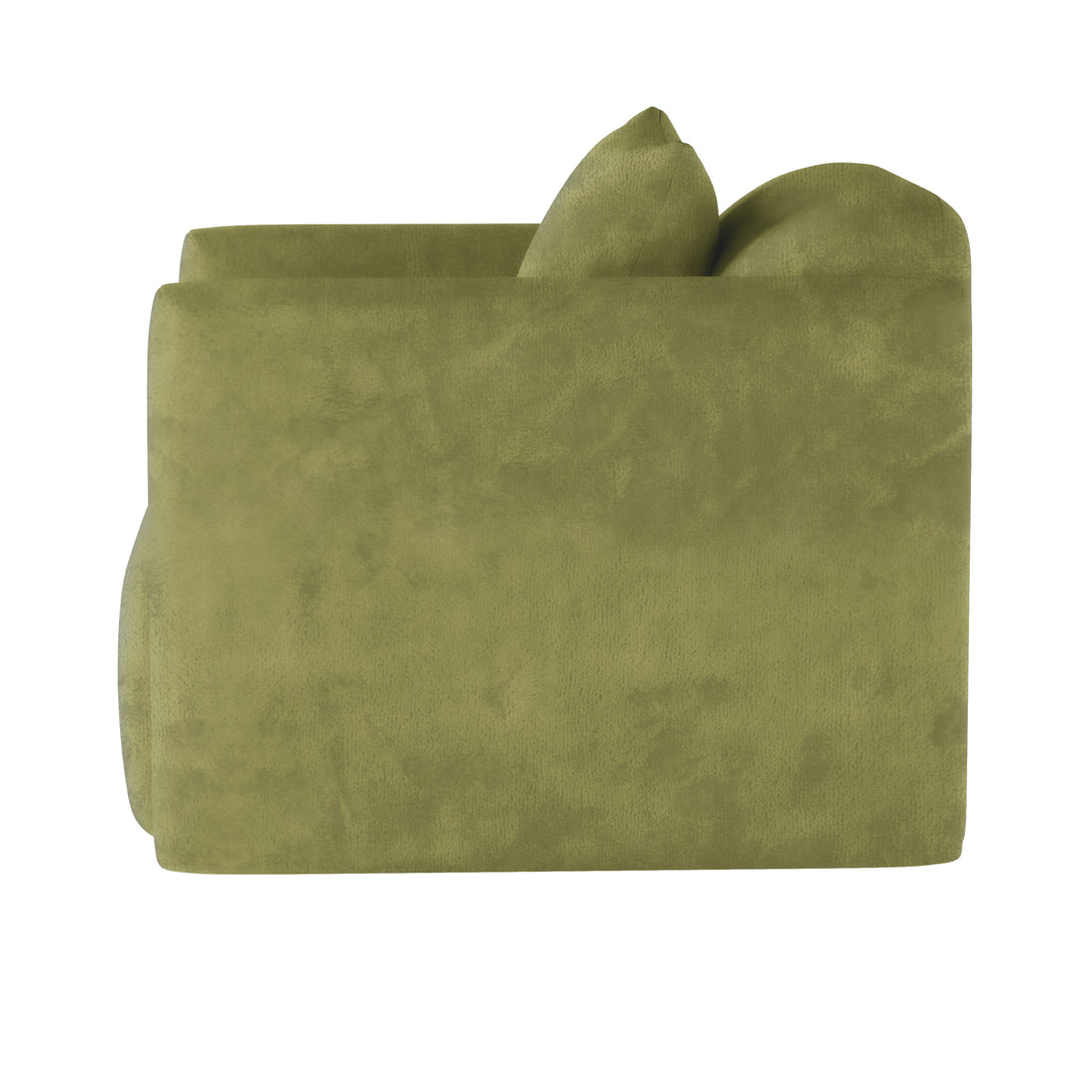 Vestalia Single Seater Velvet Sofa in Olive Green, featuring a plush velvet upholstery and rounded arm-end design, showcased in a studio setting, highlighting its modern elegance and comfort.