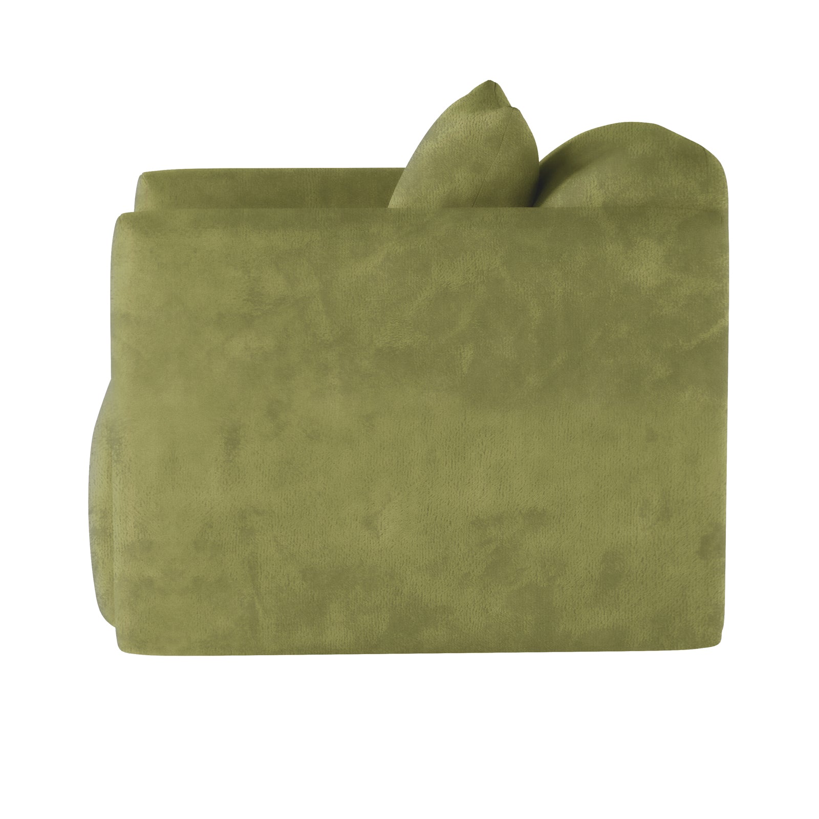 Vestalia Single Seater Velvet Sofa in Olive Green, featuring a plush velvet upholstery and rounded arm-end design, showcased in a studio setting, highlighting its modern elegance and comfort.