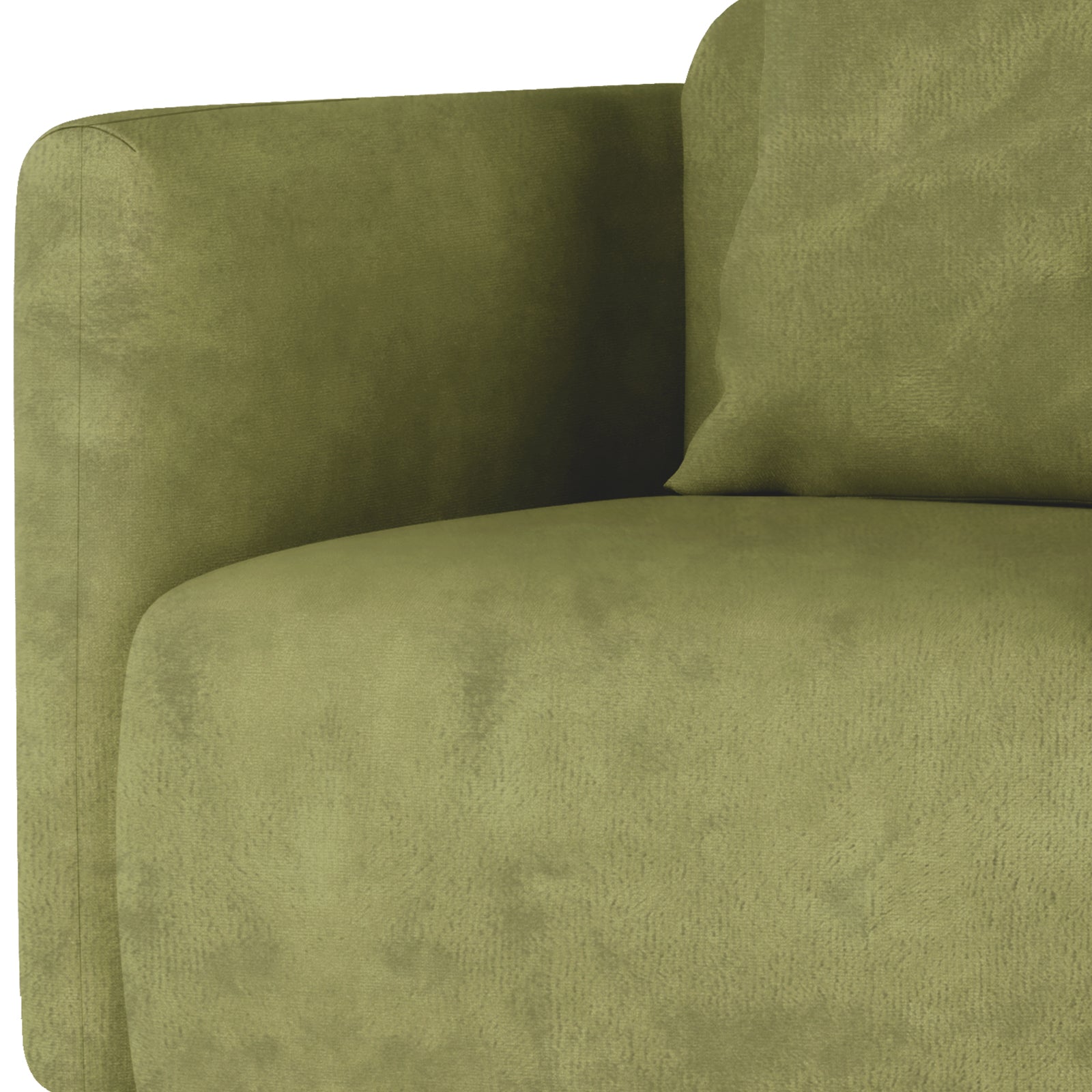 Close-up of the Vestalia Single Seater Velvet Sofa in Olive Green, highlighting the plush velvet armrest, part of the seat cushion, and back cushion, showcasing its luxurious and elegant design.