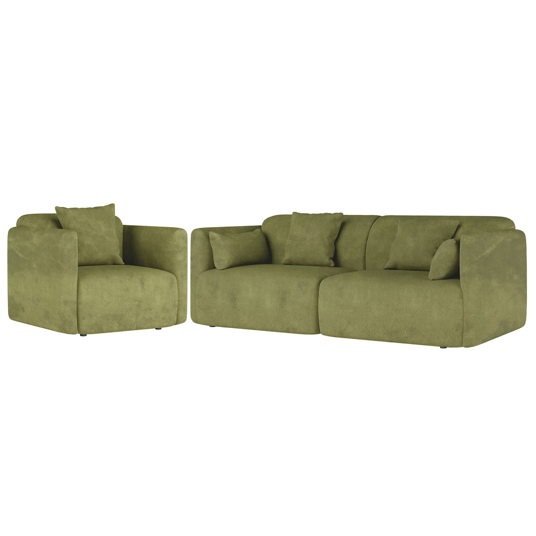 Vestalia 4 Seater Velvet Sofa Set in Olive Green features a modern design with two modular sections, including a two-seater and single chair, showcasing low square arms and loose back cushions.