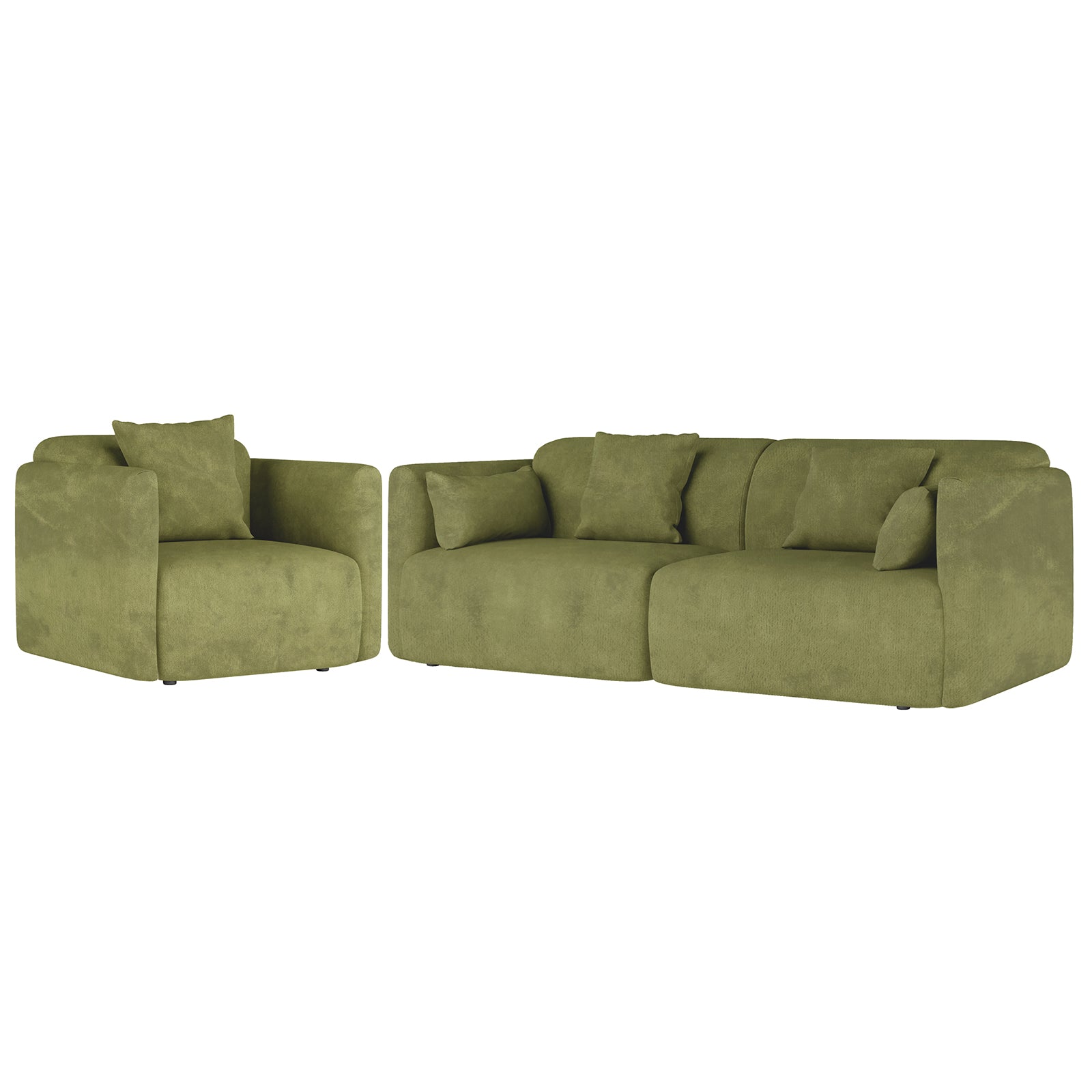 Vestalia 4 Seater Velvet Sofa Set in Olive Green features a modern design with two modular sections, including a two-seater and single chair, showcasing low square arms and loose back cushions.