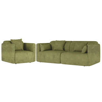 Vestalia 4 Seater Velvet Sofa Set in Olive Green features a modern design with two modular sections, including a two-seater and single chair, showcasing low square arms and loose back cushions.