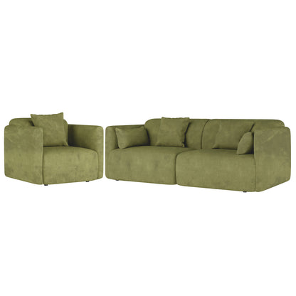 Vestalia 4 Seater Velvet Sofa Set in Olive Green features a modern design with two modular sections, including a two-seater and single chair, showcasing low square arms and loose back cushions.