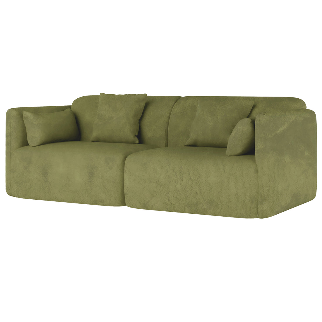 Vestalia 4 Seater Velvet Sofa Set in Olive Green features a modern, low-profile design with softly rounded edges, two-seat modules, and matching back/side cushions, showcasing a luxurious, modular loveseat style.