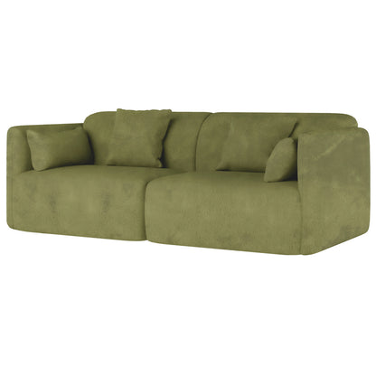 Vestalia 4 Seater Velvet Sofa Set in Olive Green features a modern, low-profile design with softly rounded edges, two-seat modules, and matching back/side cushions, showcasing a luxurious, modular loveseat style.