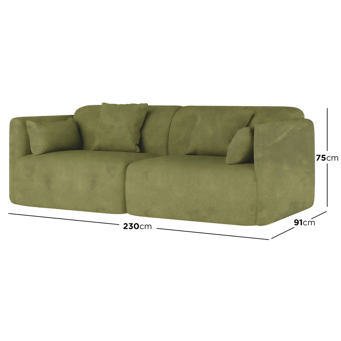 Vestalia 4 Seater Velvet Sofa Set in Olive Green features an olive-green upholstered two-seat sectional with loose back and bolster cushions, measuring 230 cm wide, 91 cm deep, and 75 cm high.