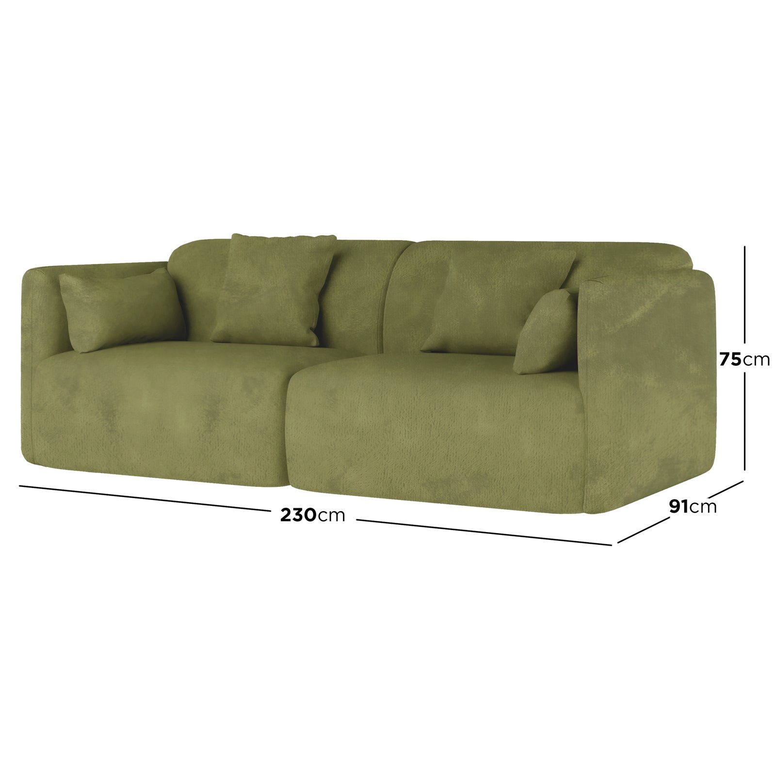 Vestalia 4 Seater Velvet Sofa Set in Olive Green features an olive-green upholstered two-seat sectional with loose back and bolster cushions, measuring 230 cm wide, 91 cm deep, and 75 cm high.