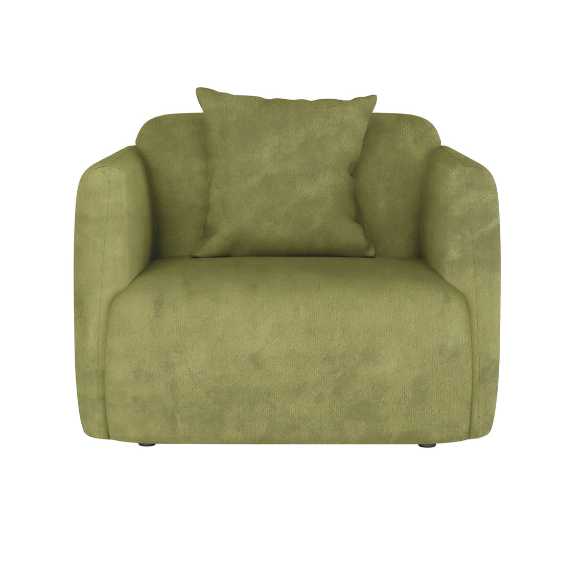Vestalia 4 Seater Velvet Sofa Set in Olive Green, featuring a single upholstered armchair with rounded arms and back, paired with a matching square throw pillow against the back cushion.