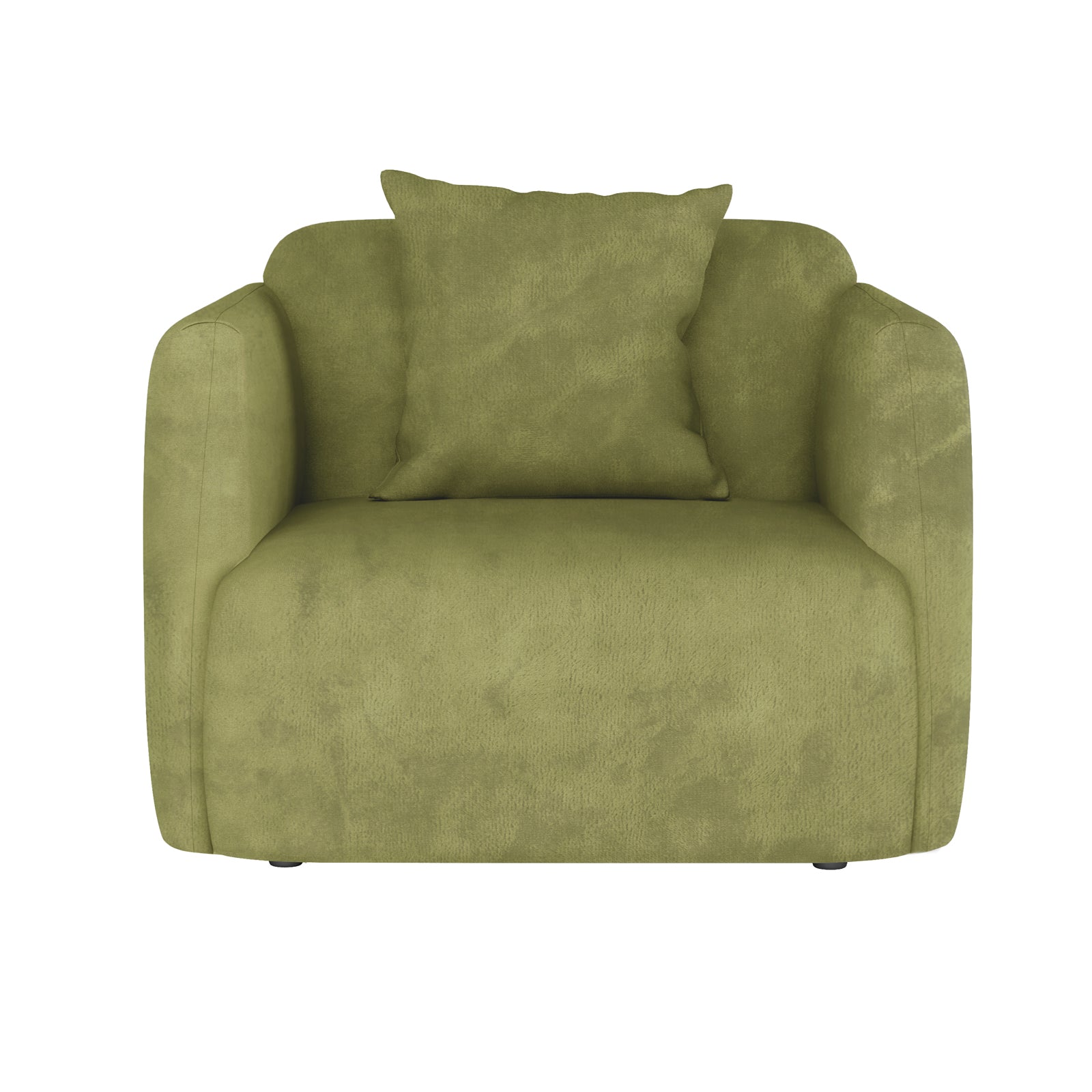 Vestalia 4 Seater Velvet Sofa Set in Olive Green, featuring a single upholstered armchair with rounded arms and back, paired with a matching square throw pillow against the back cushion.