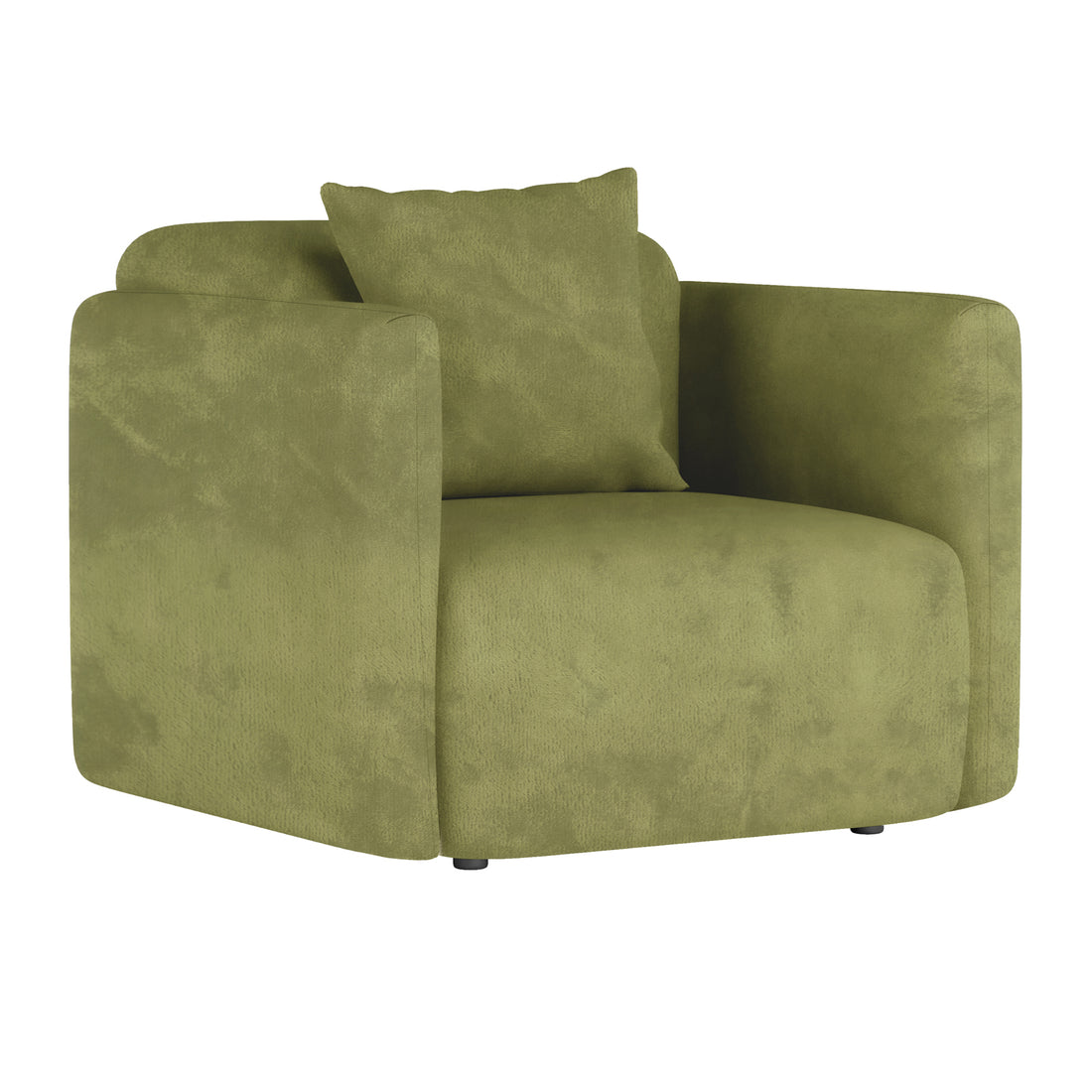 Vestalia 4 Seater Velvet Sofa Set in Olive Green features a modern armchair with a rounded seat, matching back cushion, and sleek armrests, exuding contemporary elegance and luxurious comfort.