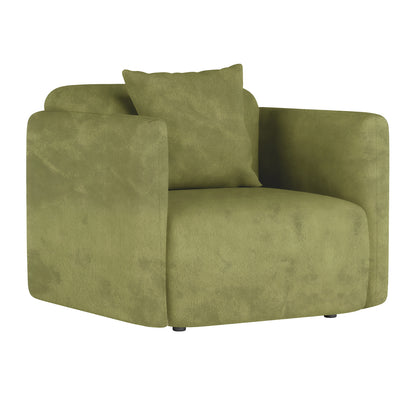 Vestalia 4 Seater Velvet Sofa Set in Olive Green features a modern armchair with a rounded seat, matching back cushion, and sleek armrests, exuding contemporary elegance and luxurious comfort.