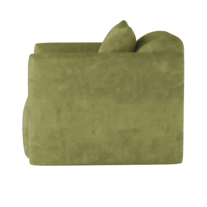 Side view of the Vestalia 4 Seater Velvet Sofa Set in Olive Green, showcasing the armrest and visible seat cushions, highlighting the luxurious velvet upholstery and designer curved style.