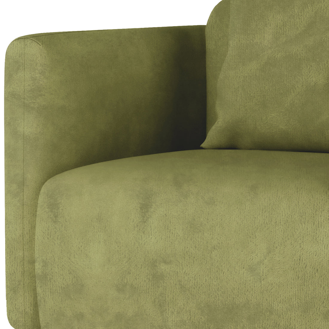 Vestalia 4 Seater Velvet Sofa Set in Olive Green, showcasing a close-up of the armrest, seat cushion, and part of a matching back pillow, highlighting luxurious velvet upholstery and elegant curved design.