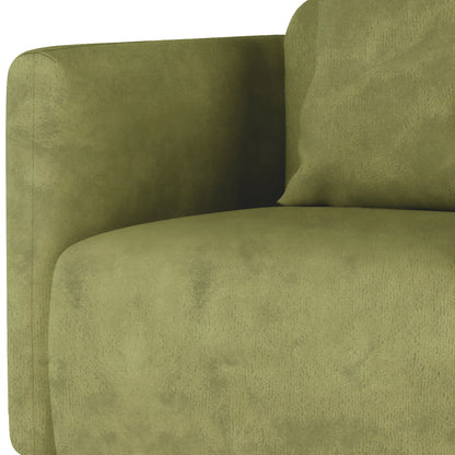 Vestalia 4 Seater Velvet Sofa Set in Olive Green, showcasing a close-up of the armrest, seat cushion, and part of a matching back pillow, highlighting luxurious velvet upholstery and elegant curved design.