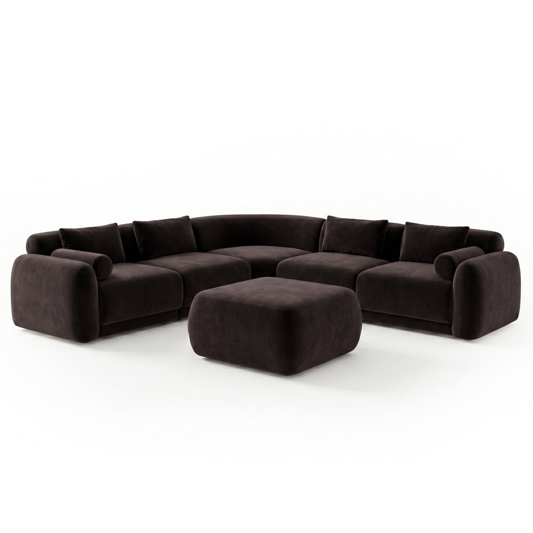 Modern dark-colored curved sectional sofa with matching ottoman on white background