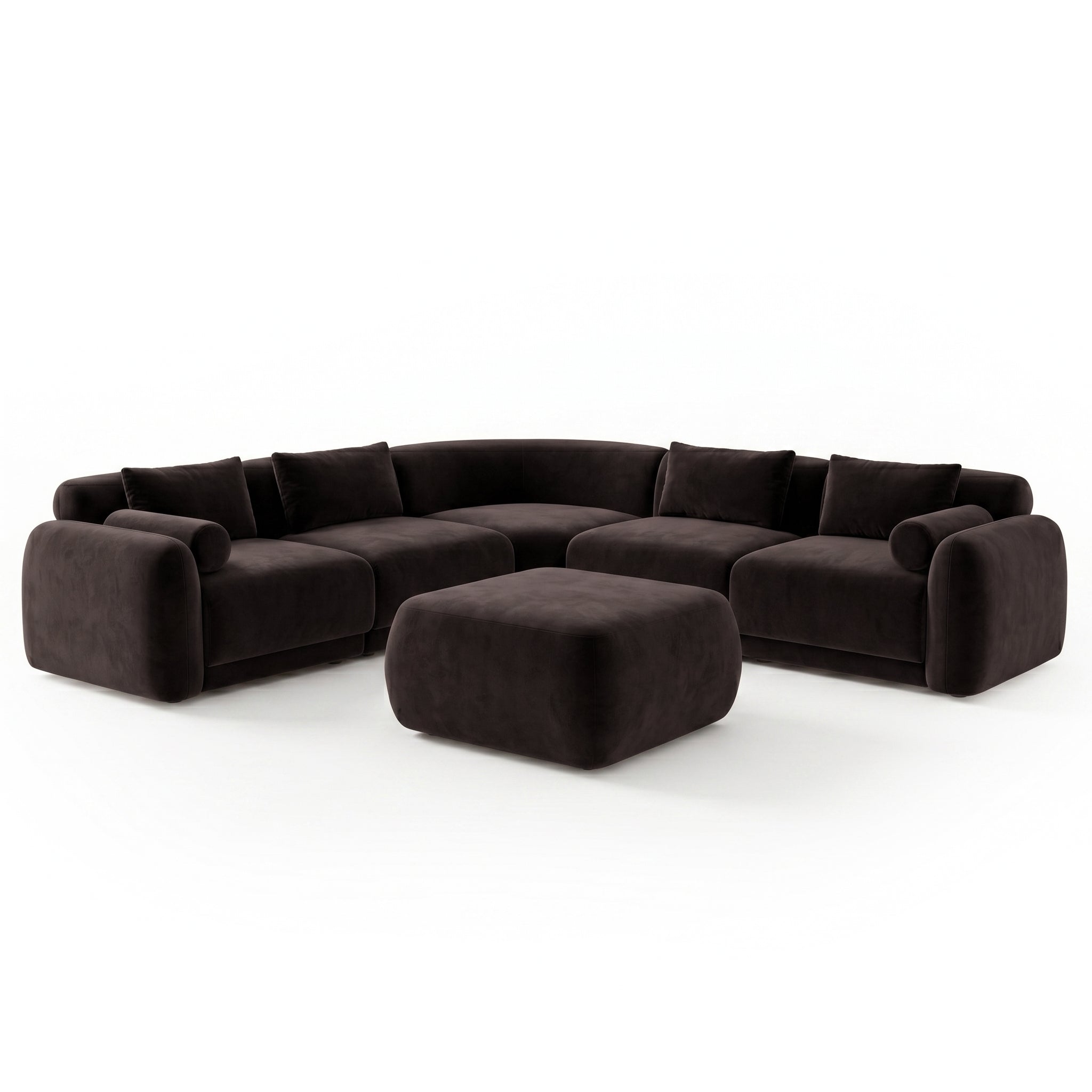 Modern dark-colored curved sectional sofa with matching ottoman on white background