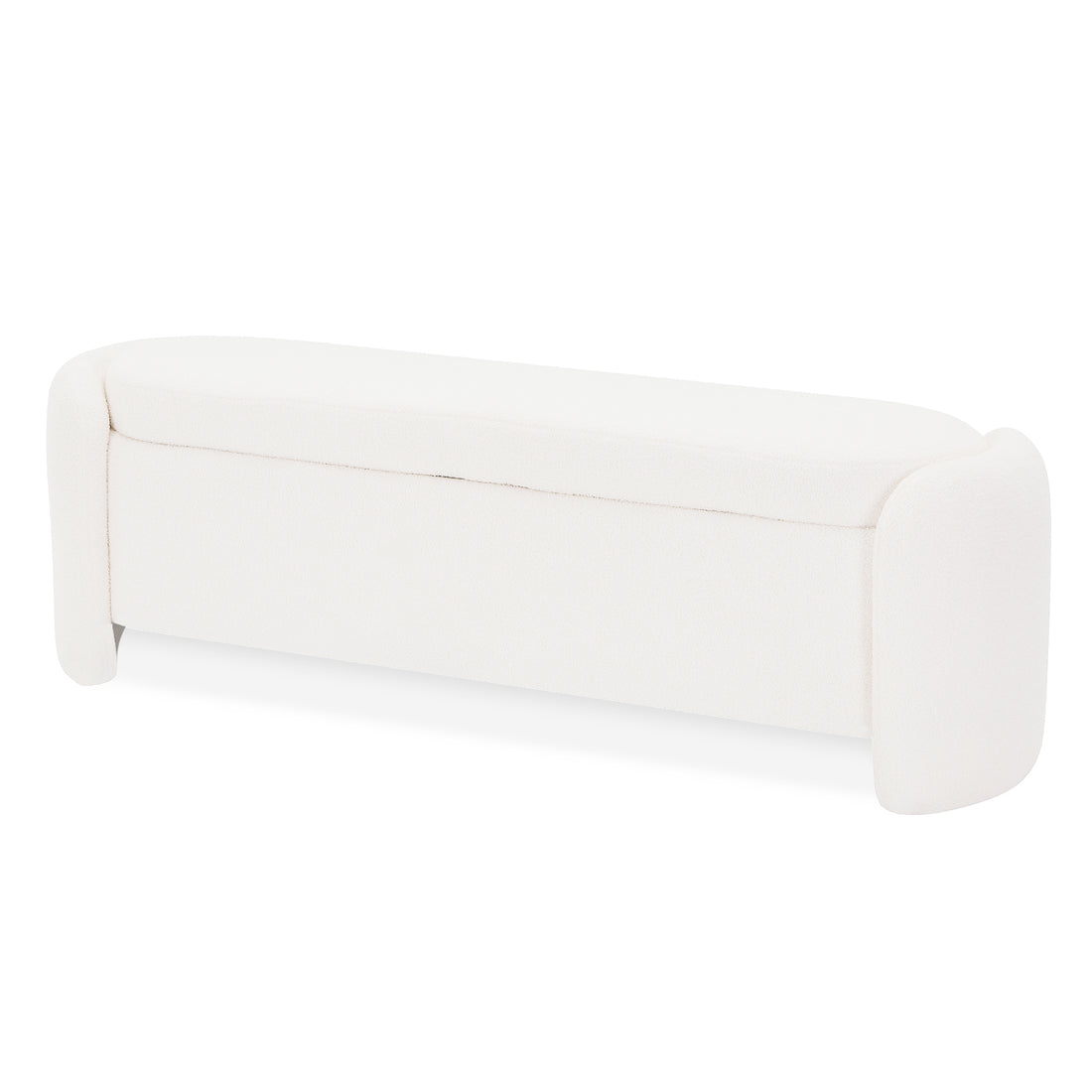 Wynne Fabric Storage Ottoman Bench Seat in Cream White, featuring a modern silhouette with rounded corners, plush boucle upholstery, slightly curved top, and hidden storage for a stylish, functional addition to any room.