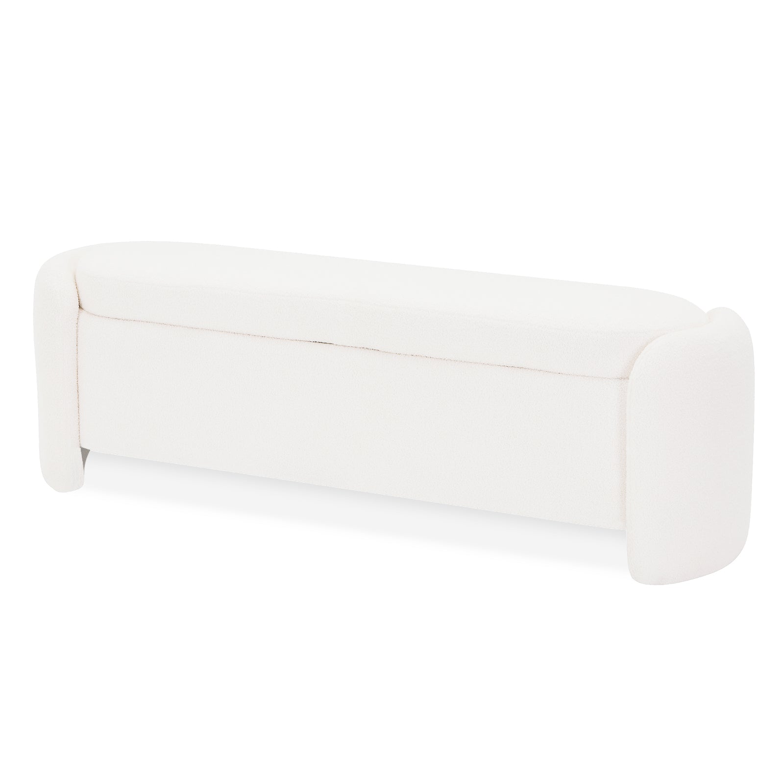 Wynne Fabric Storage Ottoman Bench Seat in Cream White, featuring a modern silhouette with rounded corners, plush boucle upholstery, slightly curved top, and hidden storage for a stylish, functional addition to any room.