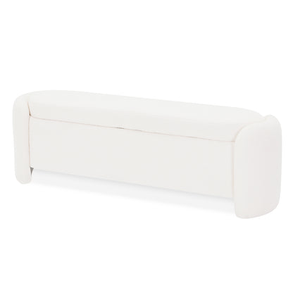Wynne Fabric Storage Ottoman Bench Seat in Cream White, featuring a modern silhouette with rounded corners, plush boucle upholstery, slightly curved top, and hidden storage for a stylish, functional addition to any room.