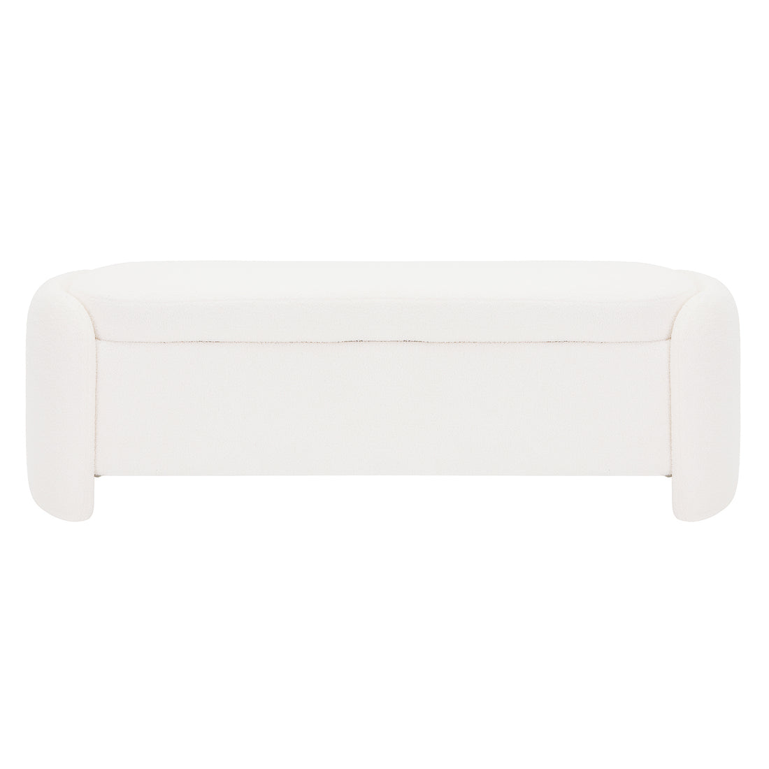 Wynne Fabric Storage Ottoman Bench Seat in Cream White, showcasing a modern, minimalist design with rounded ends, smooth top, and upholstered in soft boucle fabric, perfect for stylish storage and seating.