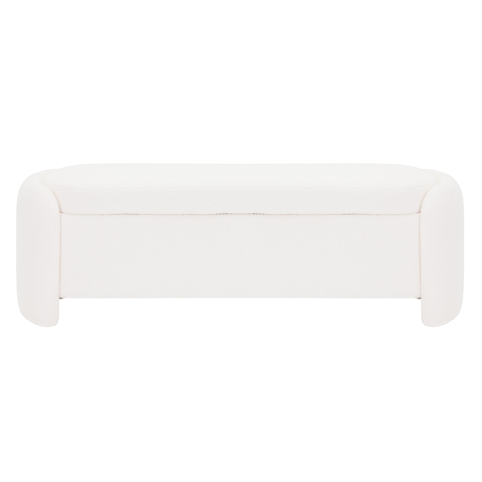Wynne Fabric Storage Ottoman Bench Seat in Cream White, showcasing a modern, minimalist design with rounded ends, smooth top, and upholstered in soft boucle fabric, perfect for stylish storage and seating.