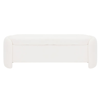 Wynne Fabric Storage Ottoman Bench Seat in Cream White, showcasing a modern, minimalist design with rounded ends, smooth top, and upholstered in soft boucle fabric, perfect for stylish storage and seating.