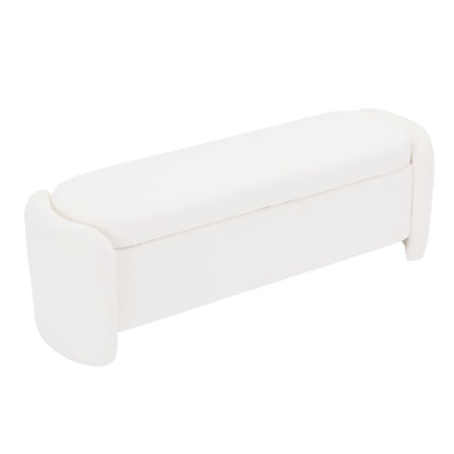 Wynne Fabric Storage Ottoman Bench Seat in Cream White, featuring a modern, low-profile design with softly rounded ends, padded lift-top cushion, and hidden storage, upholstered in plush cream white boucle fabric.