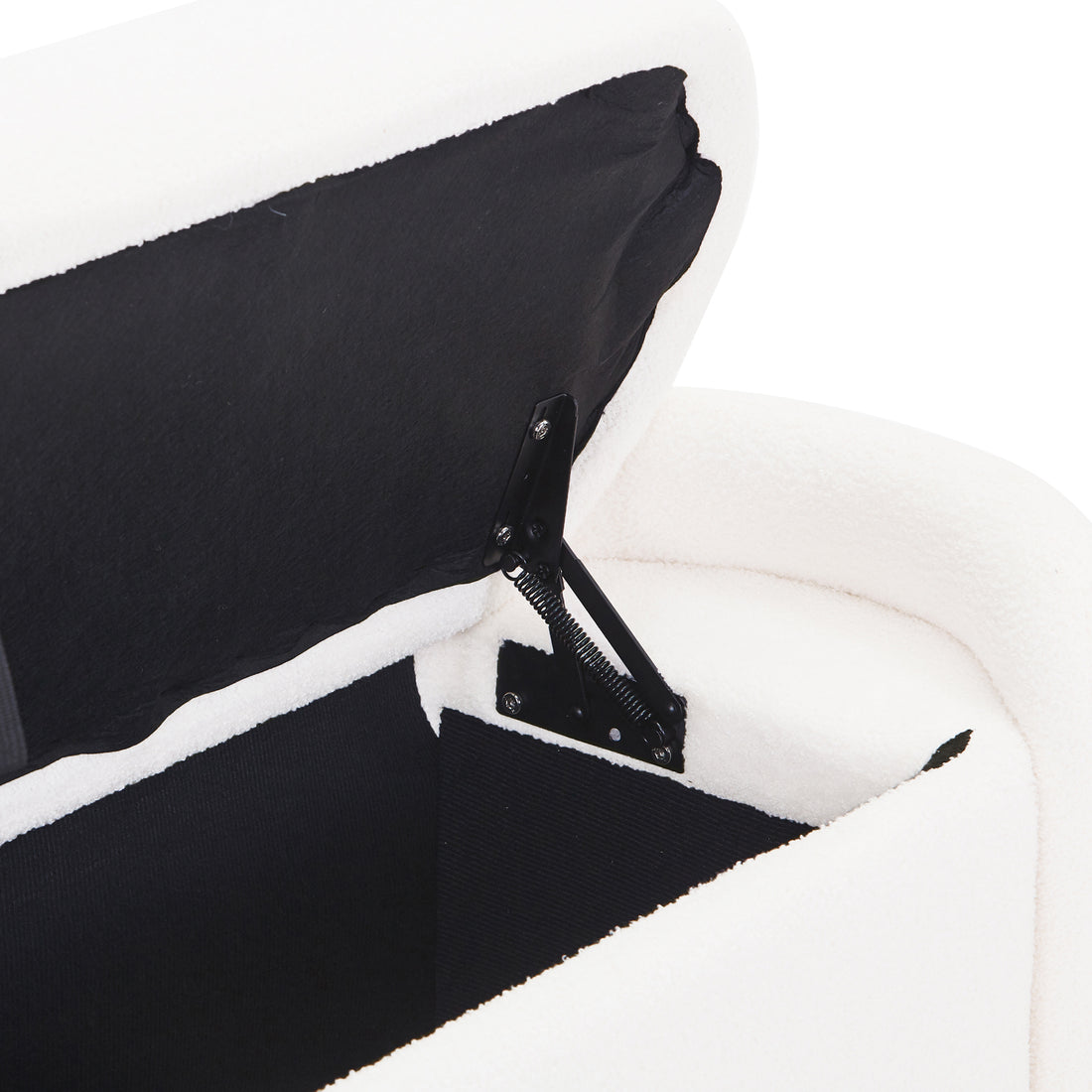 Wynne Fabric Storage Ottoman Bench Seat - Cream White, showcasing its open top with plush white boucle fabric, black-lined interior, and metal bracket, highlighting its luxurious and functional design.