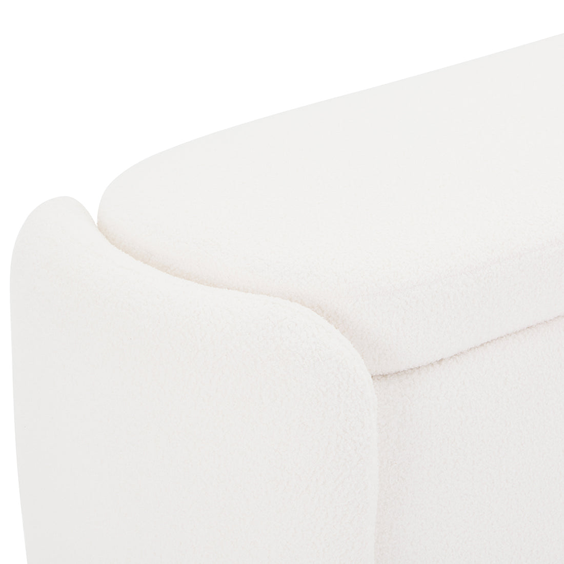 Close-up of the Wynne Fabric Storage Ottoman Bench Seat - Cream White, showcasing its ivory bouclé-style upholstery and plush padding, highlighting the luxurious texture and contemporary design.