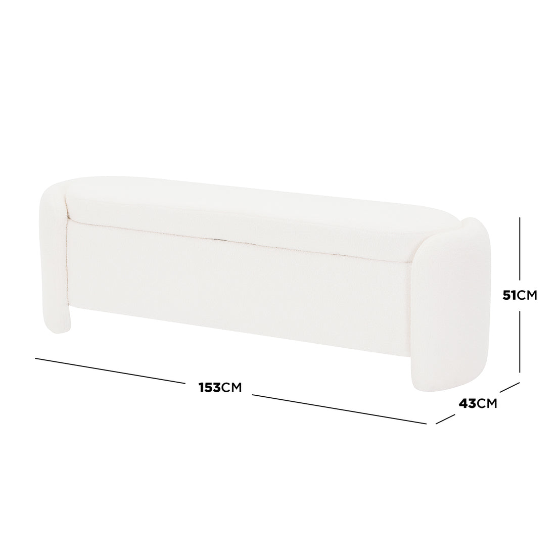 Wynne Fabric Storage Ottoman Bench Seat in Cream White, featuring an elongated, off-white bouclé fabric with rounded ends, hidden storage, and dimensions: 153 cm wide, 43 cm deep, 51 cm high.